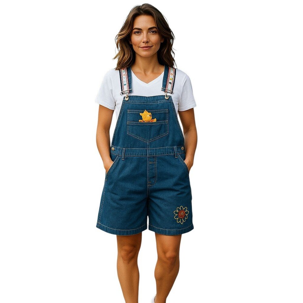 Disney Winnie the Pooh Shortalls Overalls Suspenders Flowers Blue Denim XL NWT